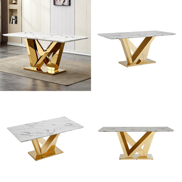 English Elm Marble Dining Table For 6 – Luxe Faux Marble Kitchen Table With Gold Mirrored Base, Modern Design W3456S00044