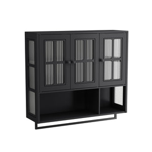 English Elm Bathroom Wall Cabinet with 3 Doors and Glass Panel, MDF Storage Cabinet with Towel Bar, Modern 35.6"L x 10.2"W x 32.5"H Black W757P329724