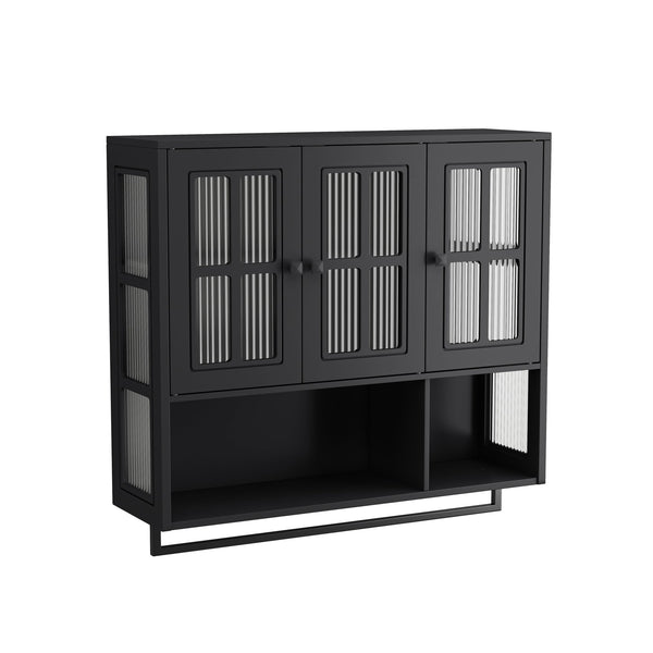English Elm Bathroom Wall Cabinet with 3 Doors and Glass Panel, MDF Storage Cabinet with Towel Bar, Modern 35.6"L x 10.2"W x 32.5"H Black W757P329724