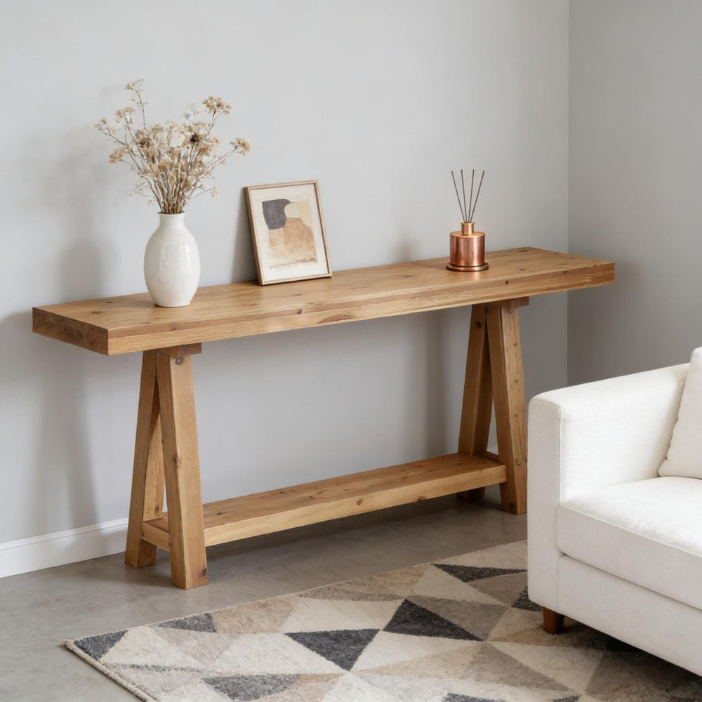 English Elm Hall Console Table Industrial Rustic Two Tier Wood Tone Metal Frame Entryway Sofa T3971P450044