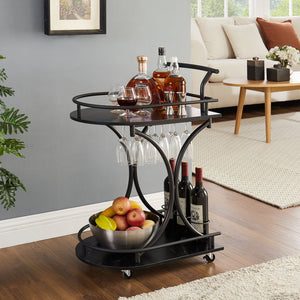 English Elm Black Elegant 2-Tier Bar Cart with Gold Frame, Faux Marble Shelves, Wine Rack & Locking Wheels W2167P177331