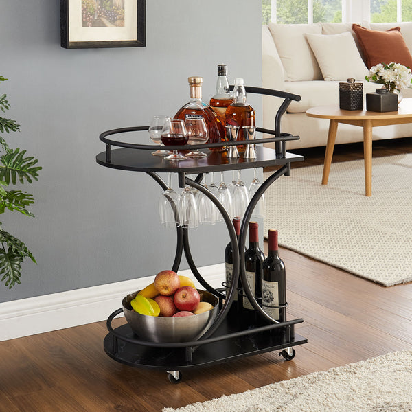 English Elm Black Elegant 2-Tier Bar Cart with Gold Frame, Faux Marble Shelves, Wine Rack & Locking Wheels W2167P177331