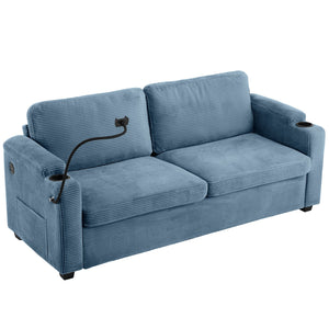 English Elm 72.8" Corduroy Sleeper Sofa Loveseat with Full Mattress, USB Charging, Cup Holders, Storage Pockets Navy Blue N719P208880C