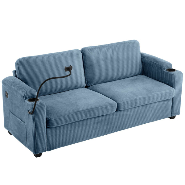 English Elm 72.8" Corduroy Sleeper Sofa Loveseat with Full Mattress, USB Charging, Cup Holders, Storage Pockets Navy Blue N719P208880C
