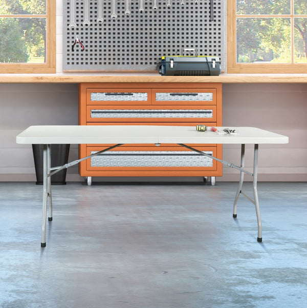 OSP Home Furnishings 6' Center Fold Resin Top Portable Table with Powder Coated Frame for Indoor Outdoor Use BT6FQ