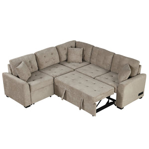 English Elm 82.6" L-shape Sofa Bed with USB, Power Sockets & Wheels — Khaki Corded Velveteen Sleeper for Living Room N719S001230S