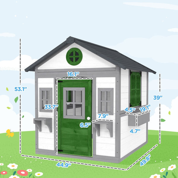 English Elm Toddlers Solid Fir Wood Outdoor Playhouse Cottage with Planter Boxes for Imaginative Play T3971P442799