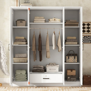English Elm 4-door Mirrored Wardrobe White Mdf Armoire with Interior Shelves and Lockable Drawer LP006602AAK
