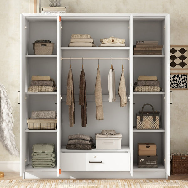 English Elm 4-door Mirrored Wardrobe White Mdf Armoire with Interior Shelves and Lockable Drawer LP006602AAK