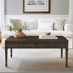 JLA Home Martha Stewart - Fluted two-drawer coffee table with fluted faces, antique-brass knobs & dark brown veneer finish MT120-1192