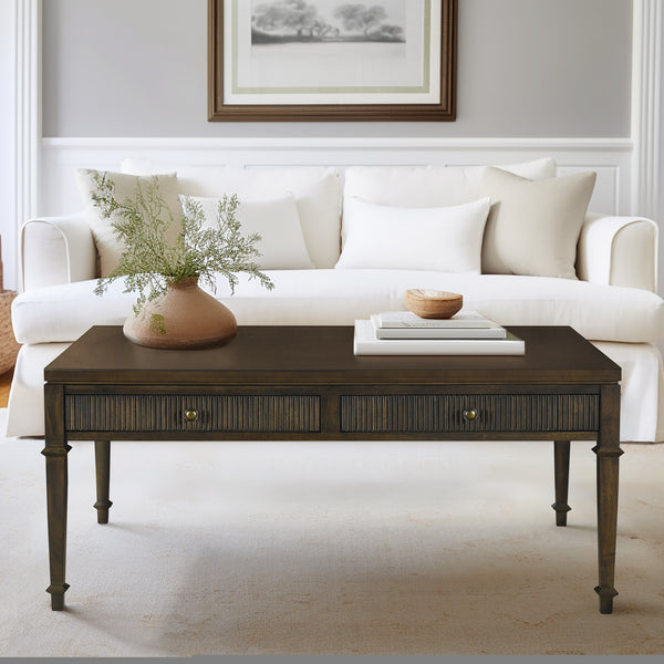 JLA Home Martha Stewart - Fluted two-drawer coffee table with fluted faces, antique-brass knobs & dark brown veneer finish MT120-1192