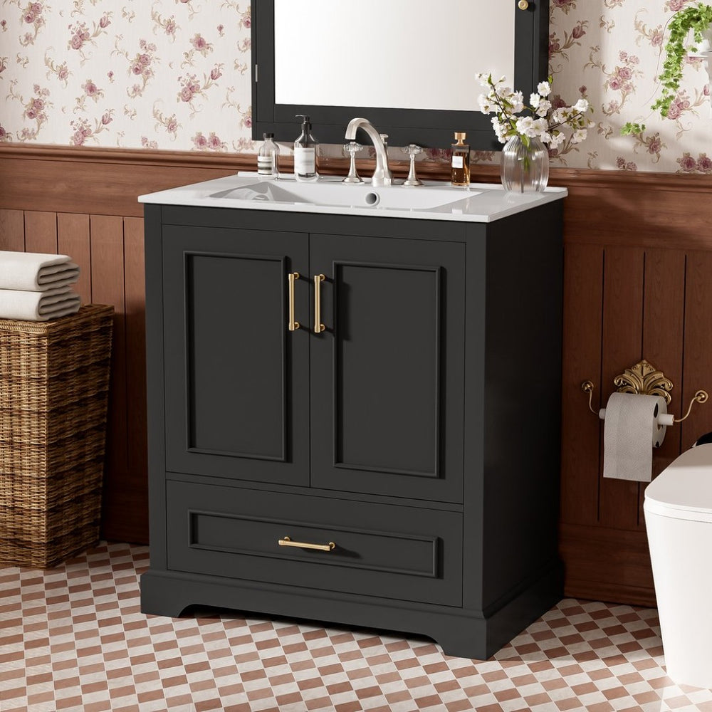 English Elm 30" Freestanding Bathroom Vanity Matte Black Solid Wood Ceramic Sink Soft Close N729P321376B