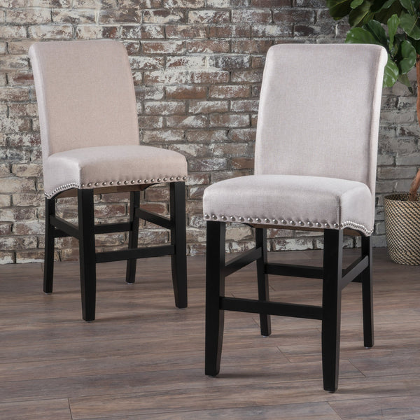 English Elm Christopher Knight Home® - 25" Contemporary Upholstered Counter Stools with Nailhead Trim, Wheat Fabric, Black Legs, Foam Comfort (Set of 2) N780P278314B