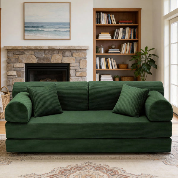 English Elm Convertible Corduroy Floor Sofa Folds Flat as Sleeper Daybed for Studio Living Green W5532P438819