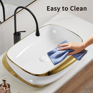 English Elm 24x17" Ceramic Vessel Sink Gold Rim Above Counter Vanity Basin for Modern Bathrooms W3402P435606