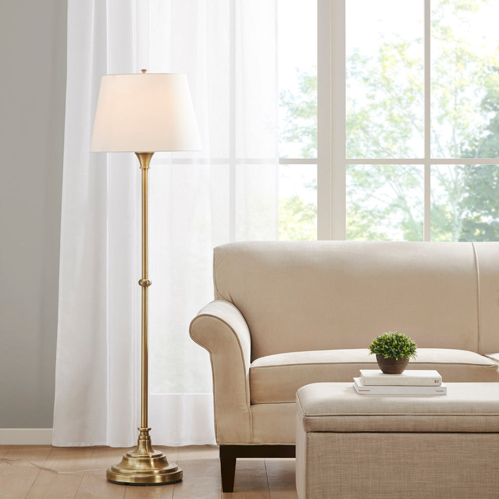 JLA Home Hampton Hill - Floor Lamp Aelorian 59" Antique Brass with Off-White Empire Shade, LED Warm Light for Living Rooms MT154-0070