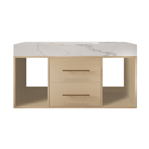 English Elm 39.4 Inch Floating Bathroom Vanity Sintered Stone Top Solid Wood 2 Soft Close Drawers W3136S00030
