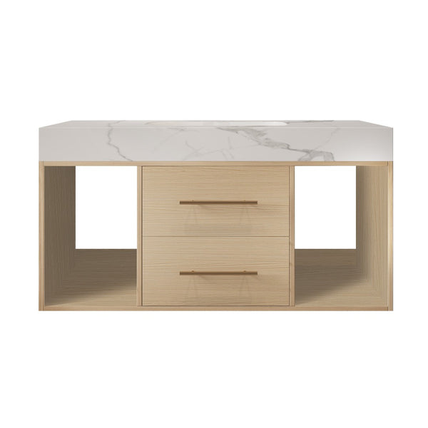 English Elm 39.4 Inch Floating Bathroom Vanity Sintered Stone Top Solid Wood 2 Soft Close Drawers W3136S00030