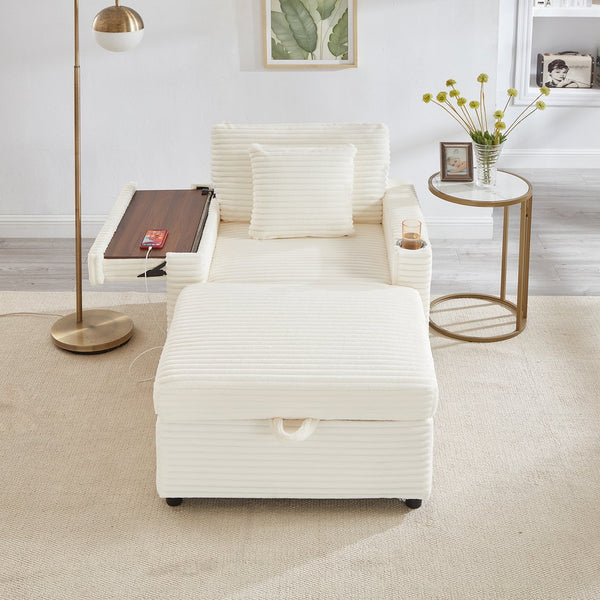 English Elm Comfortable Fluffy Corduroy Lazy Sofa with Storage Ottoman, Convertible Arm Table and USB Charging White W3705P349929