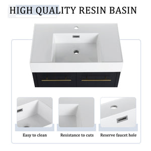 English Elm 30 Inch Wall-Mounted Vanity Set With Thick Resin Sink & 3-Tier Storage Rack For Stylish Bathrooms W999S00367