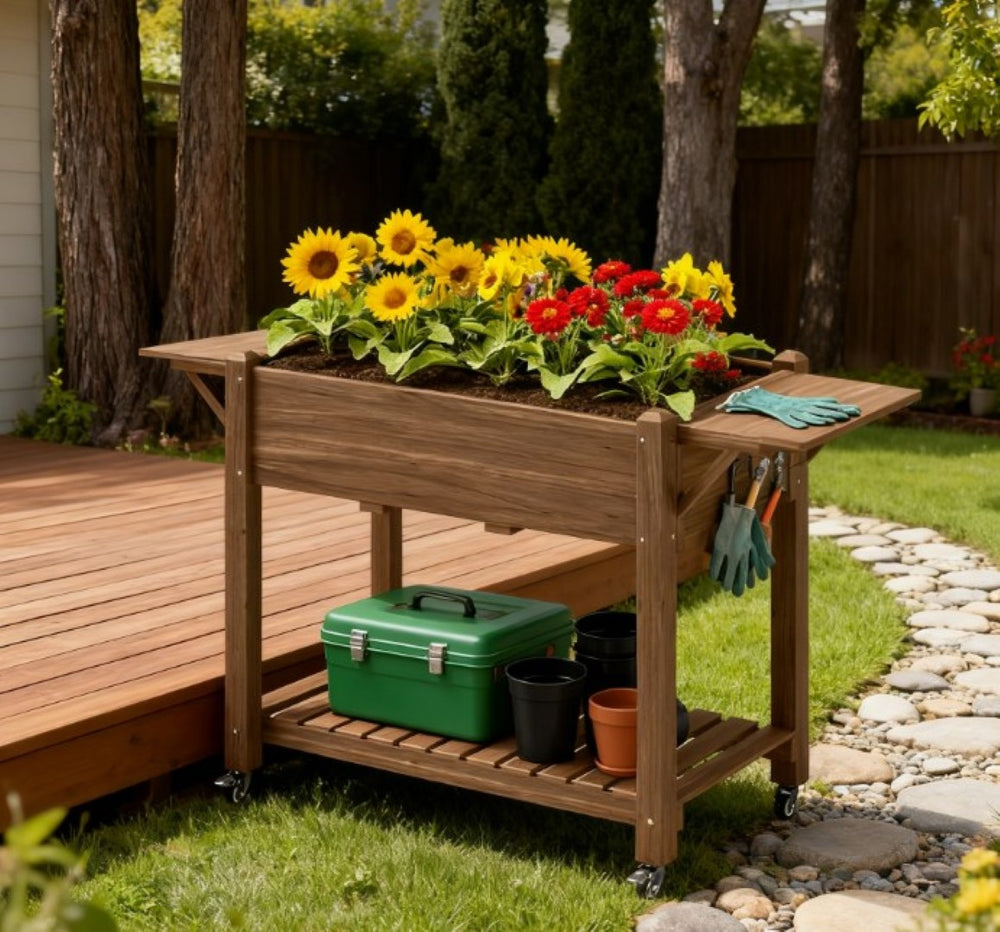 English Elm Convenient Carbonized Fir Wood Raised Planter Box with Wheels Side Tables and Storage T3971P423501