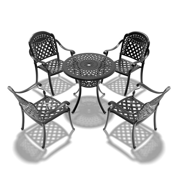 English Elm 5-piece Cast Aluminum Outdoor Dining Set with Ornate Frame and Weather Resistant Cushions W1710S00620