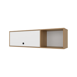 English Elm Roslyn Wall-Mounted Cabinet with Lift-Up Door and Open Shelf — Natural Oak & White Modern Storage B128P287526