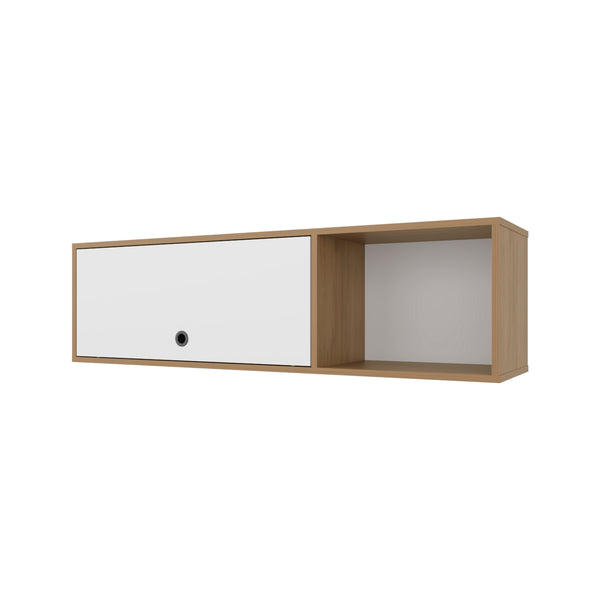 English Elm Roslyn Wall-Mounted Cabinet with Lift-Up Door and Open Shelf — Natural Oak & White Modern Storage B128P287526