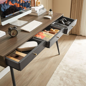 English Elm Mid Century Desk Walnut+Dark Grey — Mid-Century Modern Writing Desk with 3 Drawers, Spacious Work Area, Easy Assembly (52.4"L x 26"W) W876P280091