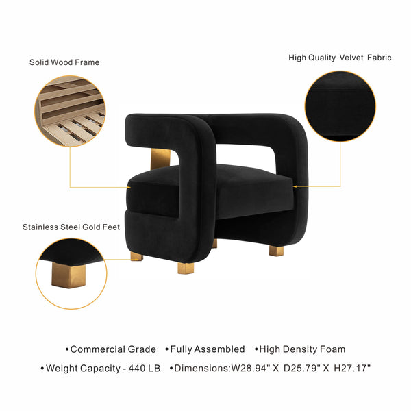 English Elm Amirah Velvet Lounge Chair Black — Luxurious High-Density Foam, Gold Legs, 440 lb Capacity, Pre-Assembled B365P398006
