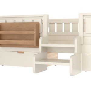 English Elm Twin Kids Storage Bed with Bookshelf Headboard Safety Staircase and Under Drawers Beige W1580P379183