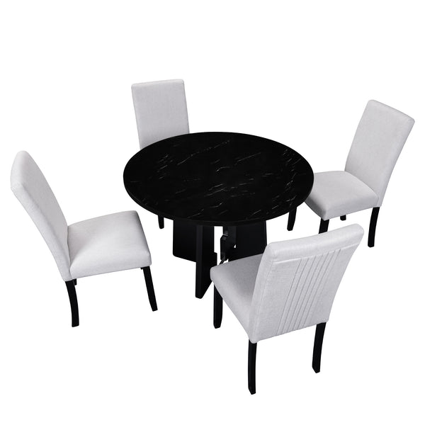 English Elm 5-Piece Round Dining Set with 43" Modern MDF Table and 4 Upholstered Fabric Chairs for Compact Spaces Beige+Black N752S001055A