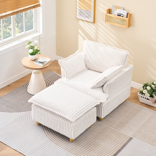 English Elm This single-seat corduroy sofa with ottoman and pillows — compact lounge chair for cozy reading nooks and naps Beige W1658S00108