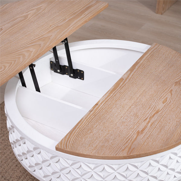 English Elm Round Lift-Top Coffee Table with Storage — 31.5" Boho Modern Farmhouse Accent, White Carved Base, Natural Wood Top W2729P330223