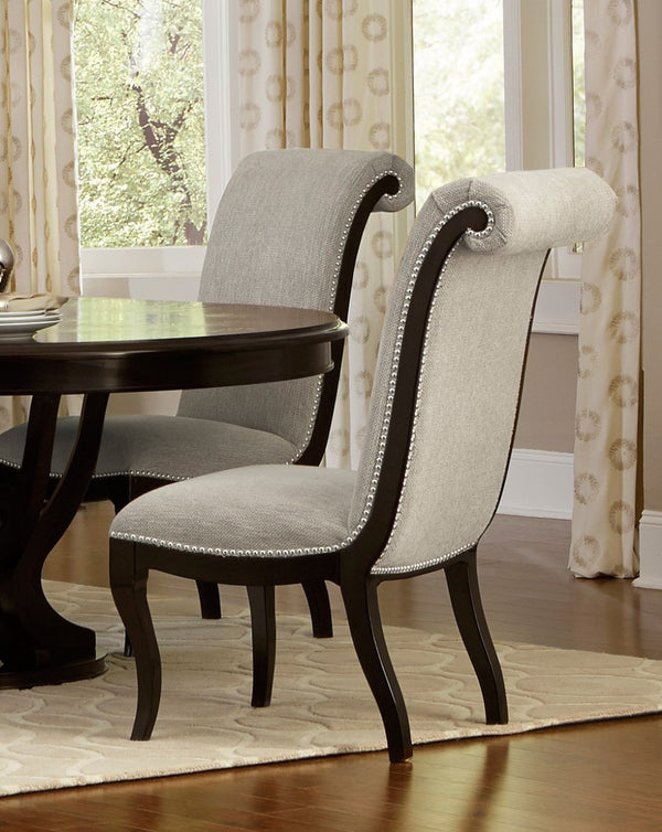 English Elm Contemporary Espresso Wood Frame Dining Chairs Nailhead Trim Gray Fabric Set of 2 B011S02488