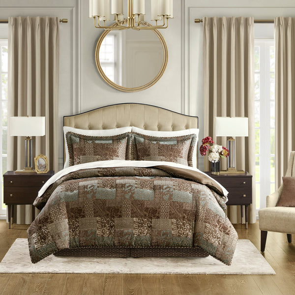 English Elm 4 Piece Comforter Set Cal King Patchwork Jacquard Chenille Warm Elegant Textured Bedding Ensemble Multicolor 21.25 L x 22.5 W x 12 H B035P148265