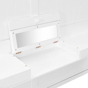 English Elm Queen Murphy Bed Cabinet with Vanity Desk Hydraulic Lift Mirror Distressed Finish White LP000766AAK-1