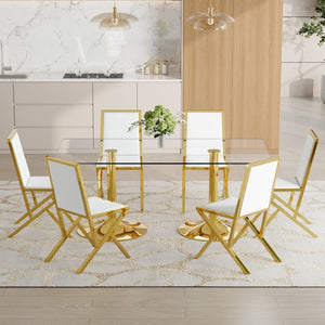 English Elm Table Set Oval Tempered Glass Top Gold Column Base with Eight Pu Leather Dining Chairs Transparent,White+Gold W1151S04774