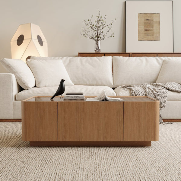 English Elm 46.8" Mid-century Walnut Coffee Table Tempered Glass Top with Concealed Drawers W2263P458487