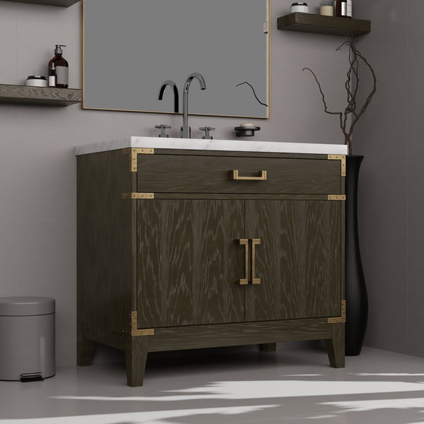 English Elm Brown Oak Single Bath Vanity With Carrara Marble Countertop & Matching 34" Mirror For Elegant Style B2731S01459