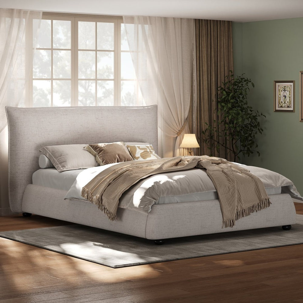 English Elm Twin Linen Upholstered Platform Bed Pillow Back Headboard Flanged Stitched Frame N757T342191W