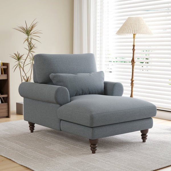 English Elm Upholstered Chaise Lounge Rolled Arms Reclining Back Foam Cushion Elegant Wood Feet Dark Grey T3623P411639