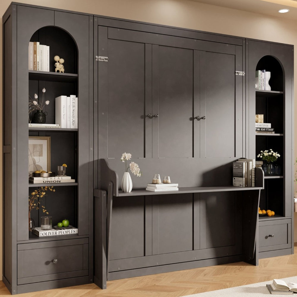 English Elm Queen Murphy Bed with Led Lighting Side Cabinets Shelving and Fold Down Desk Panel Gray N7090002226E-1