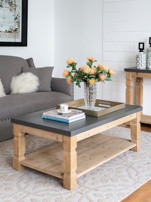 English Elm 47.8x28x18.8" Concrete Surface Coffee Table with Turned Wooden Posts Rustic Modern Living Room Centerpiece W2078P179272