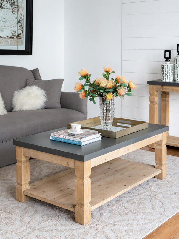 English Elm 47.8x28x18.8" Concrete Surface Coffee Table with Turned Wooden Posts Rustic Modern Living Room Centerpiece W2078P179272