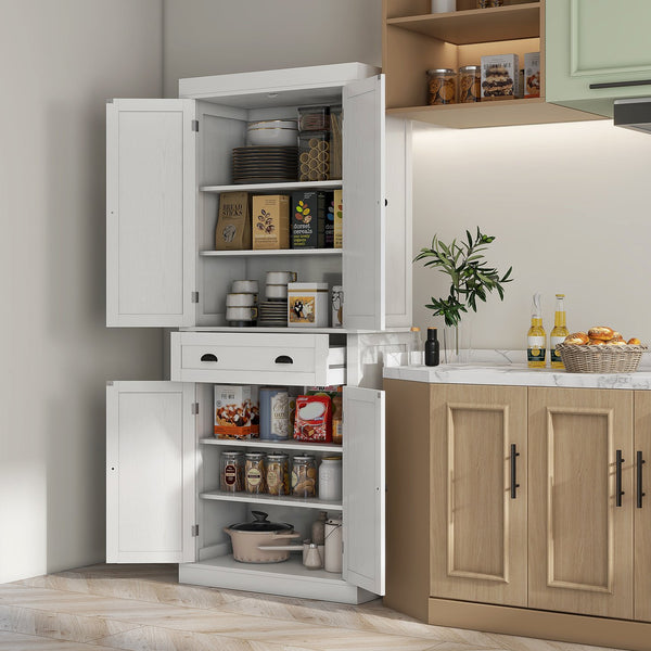 English Elm Homcom 72.5" White Wood Grain Kitchen Pantry Cabinet – Stylish Storage With 4 Doors, Drawer & Adjustable Shelves W2225P200697