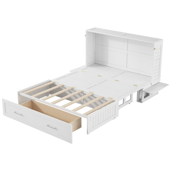 English Elm Queen Mobile Murphy Bed with Drawers & Side Shelves, White Fold-Up Queen Wall Bed for Guests SM000317AAK