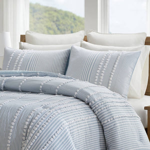 English Elm 3-piece Cotton Yarn Dyed Comforter Set Jacquard Pompom Stripe Coastal Bedroom Blue B035P482892
