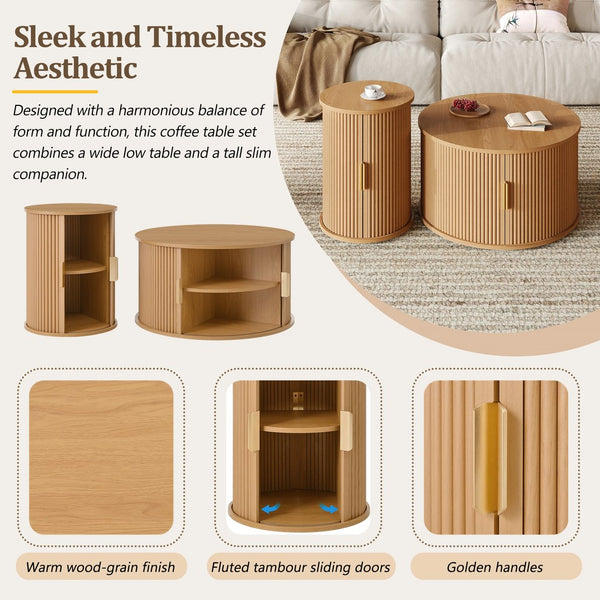 English Elm [Assembly Mid-Century Coffee Table Set with Tambour Sliding Doors, Fluted Round End Table, Gold Handles, Versatile Storage and Stylish Wooden Finish Natural N721P351940D
