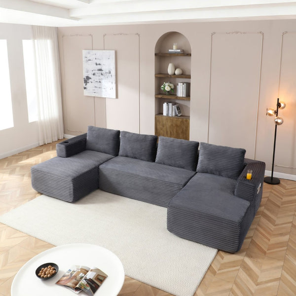English Elm 132" Modular U-shaped Corduroy Sectional with Deep Seat Foam Cupholders Living Room Grey W1117S00417
